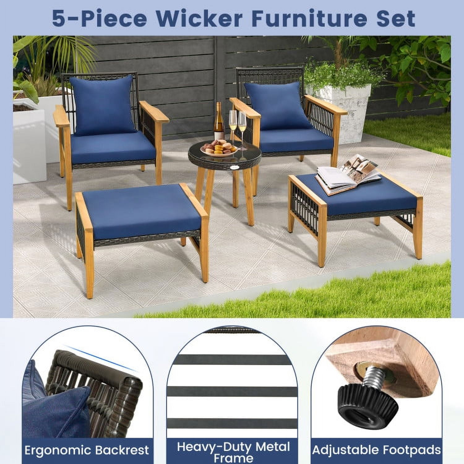 Aimee Lii 5 Piece Outdoor Conversation Set with Stable Acacia Wood Frame, Outdoor Patio Set, Navy Aimee Lii 5 Piece Outdoor Conversation Set with Stable Acacia Wood Frame, Outdoor Patio Set, Navy