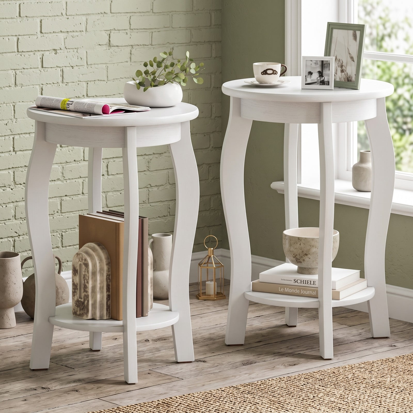 Furnibear Set of 2 Round End Tables, 15 Inch 2-Tier Side Table with Storage Shelf, Rustic Nightstand Sofa Table with Rubber Wood Legs for Living Room, Walnut & White