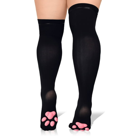 Littleforbig Plus Size Thigh High Cosplay 3D Paw Pad Silicone Paw Over The Knee Silk Stockings Black
