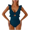 thumbnail image 4 of One Piece Swimsuits for Women Built-in Padded Cups V Neck Ruffle Shoulder Bathing Suit Ruched Tummy Control Monokini Flattering Full Coverage Beachwear, 4 of 6