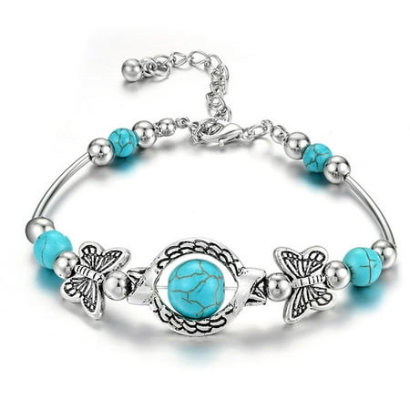 Jikolililili Natural Turquoise Carved Butterfly Pendant Bohemian Women's Bracelet Jewelry Adjustable Chain for Women in Women's Jewelry