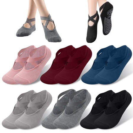 SPOKKI 6 Pairs Yoga Socks for Women, Non-Slip Grip Pilates Socks with Cross Straps for Pilates, Barre, Dance, Yoga