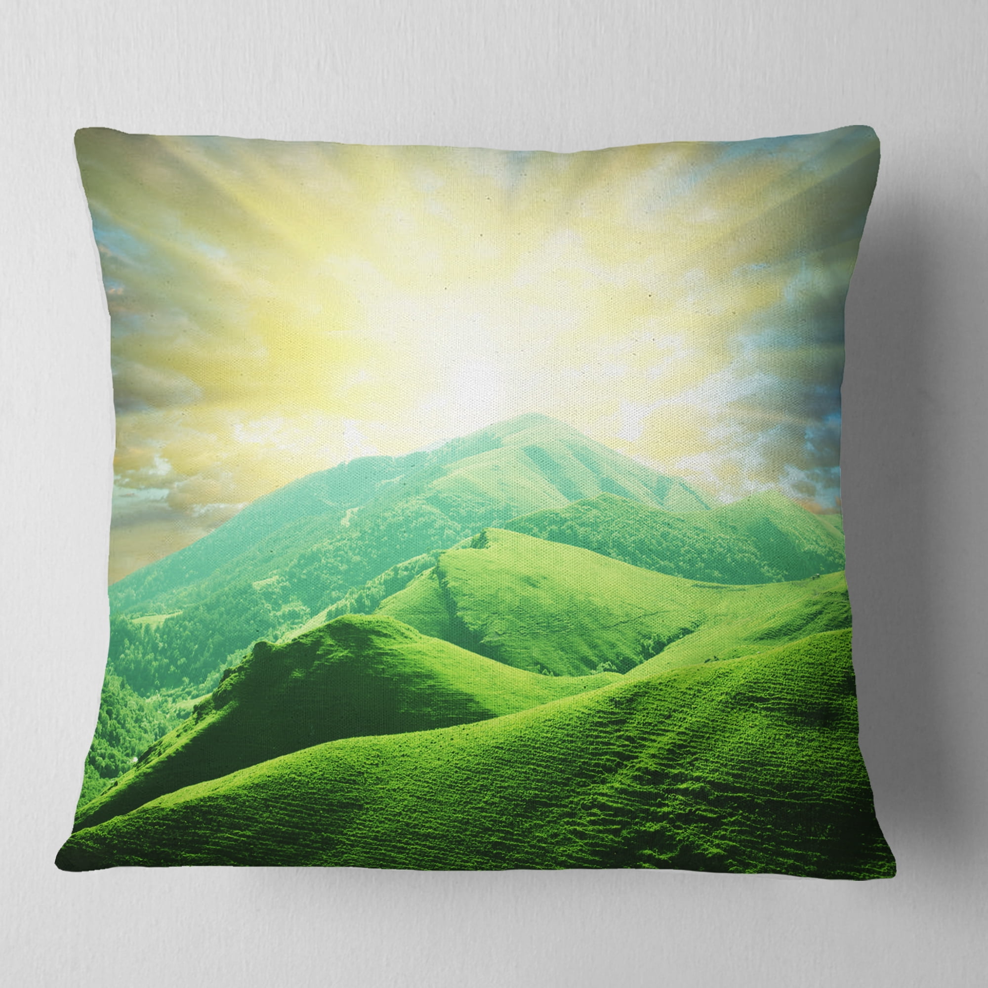 Designart Green Mountains under Sun - Landscape Printed Throw Pillow - 18x18