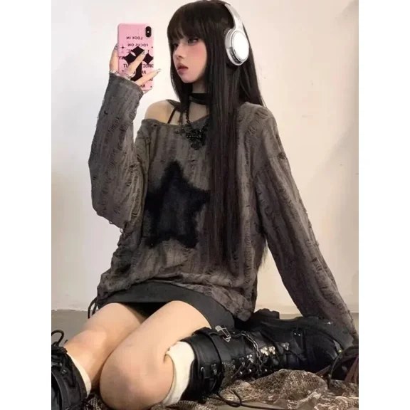 Y2K Emo Vintage Women Korean Streetwear Subculture Acubi Star T Shirts Aesthetic Gothic Grunge Tshirt Tops 2000s Alt Clothes