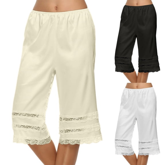 Lovzfmll Women's Loungewear Pants, Solid Color Lace Trim, Casual Cropped Pants Beige, S