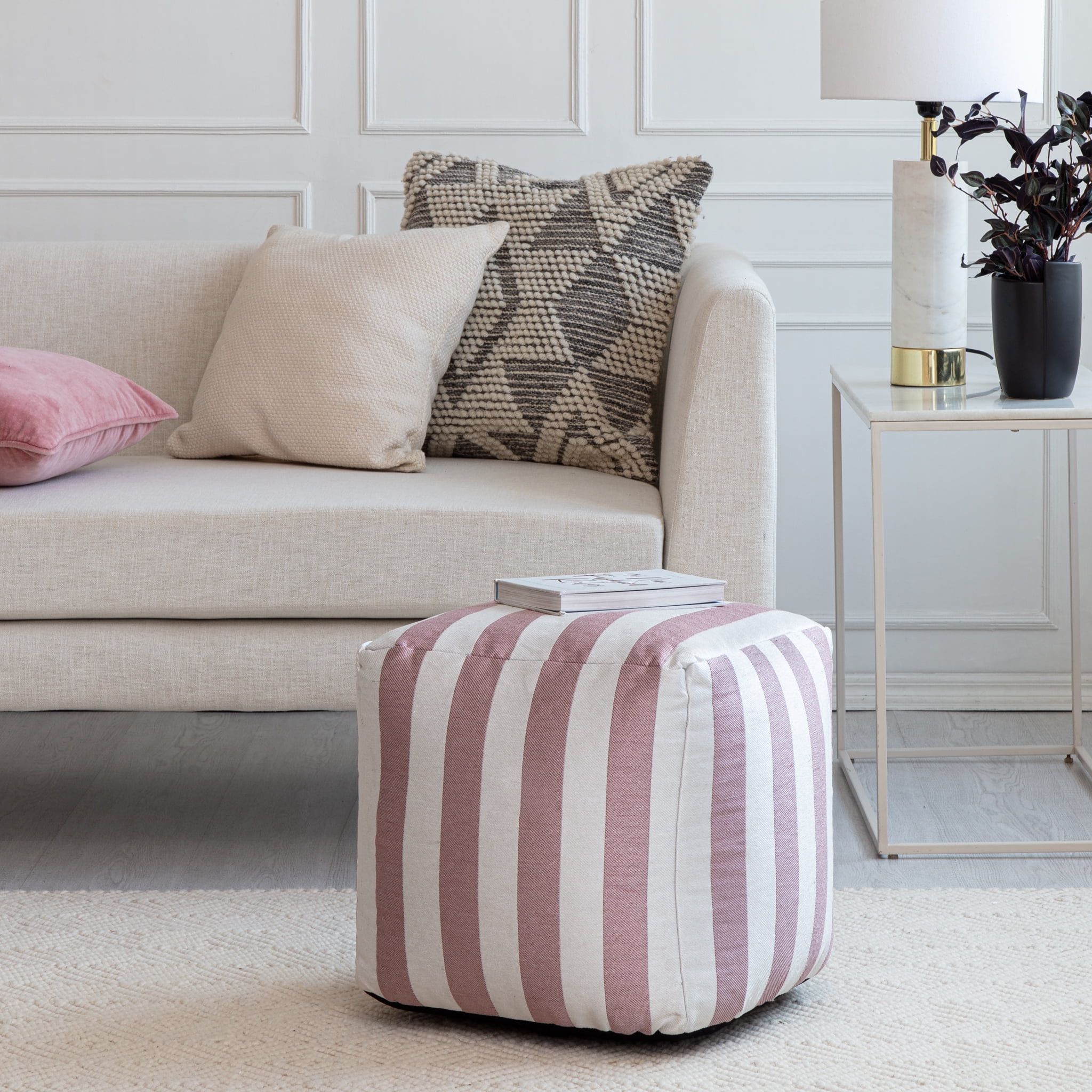 Cape May Rose 18" x 18" x 18" Pink & Ivory Pouf