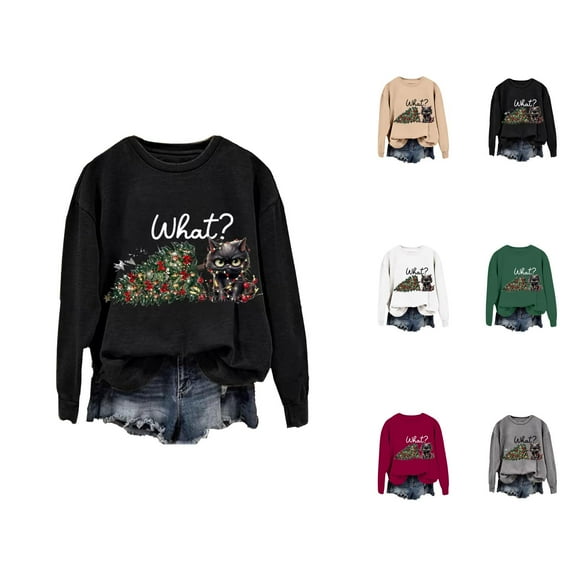 Funny Christmas Cat Sweatshirts for Women 2025 Long Sleeve Crewneck Funny Cat Graphic Sweatshirt Pullover Tops