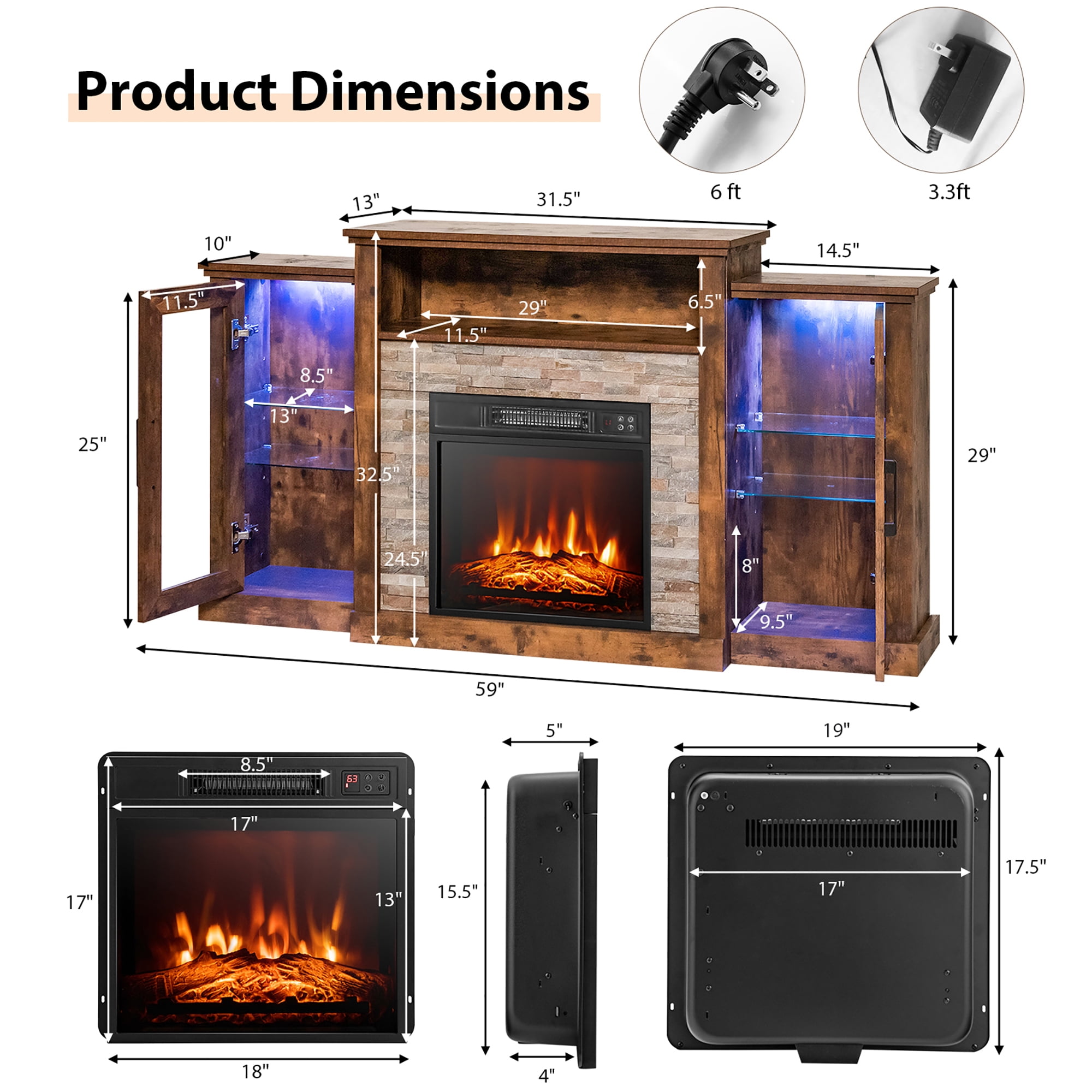Costway Fireplace TV Stand w/ Led Lights & 18" Electric Fireplace for For 65" Wall-Mounted TV