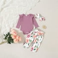 thumbnail image 4 of Coerni New Born Baby Girls Clothes Long Sleeve Solid Rib Romper Bow Pants Headbands Set Fall Winter Outfits 3pcs, 4 of 9