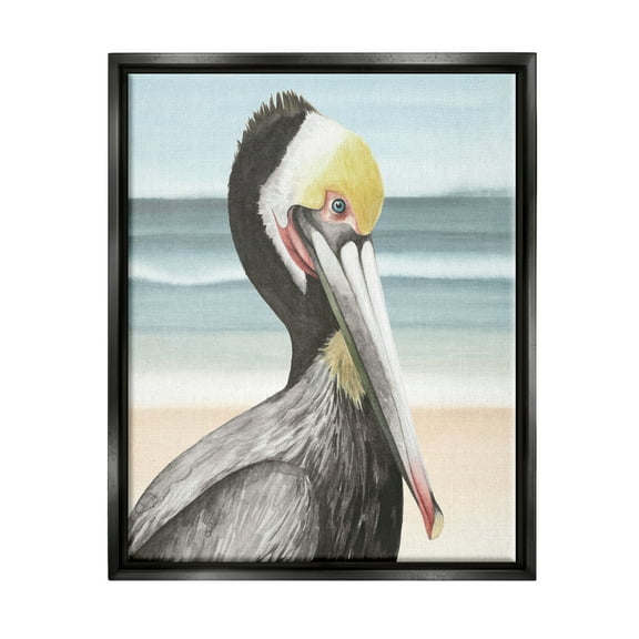 Stupell Industries Pelican Portrait on Beach Animals & Insects Painting Black Floater Framed Canvas Art Print Wall Art, 17 x 21