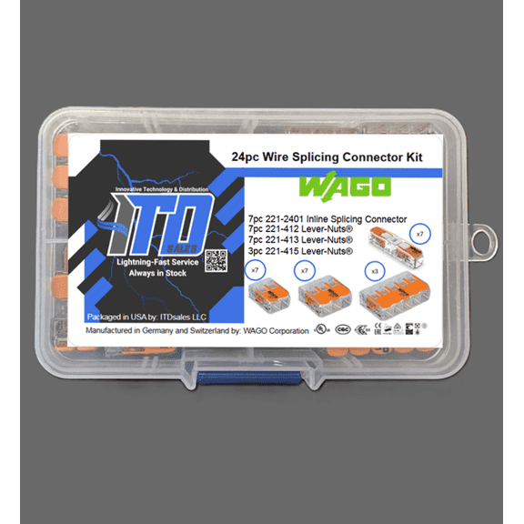 WAGO Lever Nut 24pc Wire Splicing Connector Kit with Case.  WAGO Lever Nuts 221-412, 221-413, 221-415, and 221-2401 included.