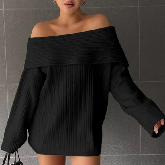 Qetyuw Womens Off The Shoulder Sweater Chunky Ribbed Knit Long Sleeve Loose Fit Jumper Fall Casual Pullover Sweaters