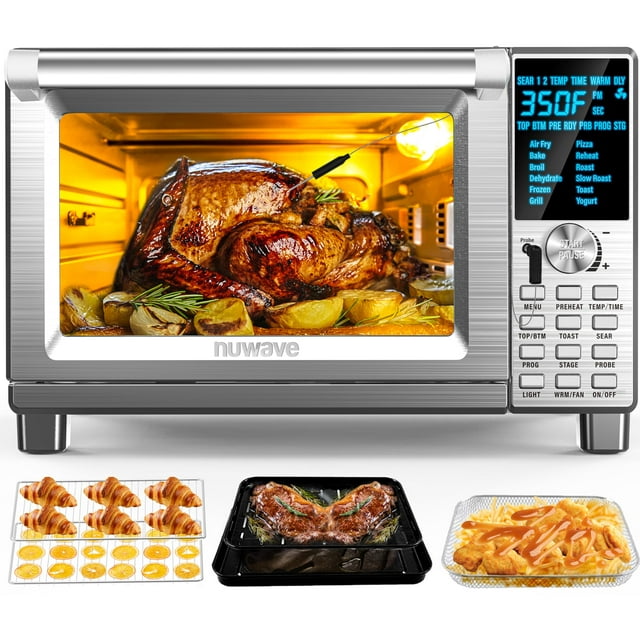 Nuwave Bravo Air Fryer Tostadora Horno inteligente, Convección de encimera 12 en 1, Capacidad XL de 30 cuartos, Controles de temperatura de 50°-500°F, Ajustes del calentador superior e inferior 0%-100