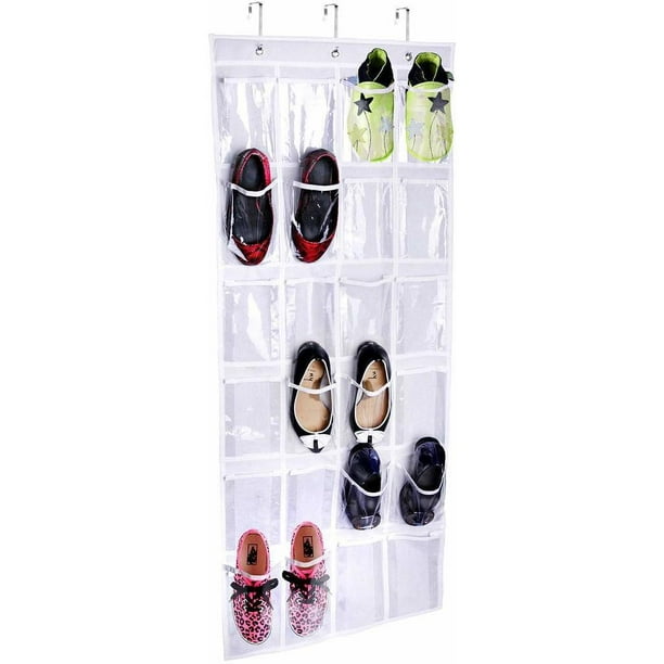 Organisateur de rangement suspendu au-dessus de la porte pour chaussures,  sac de rangement suspendu, système d'organisation à 24 poches, blanc 