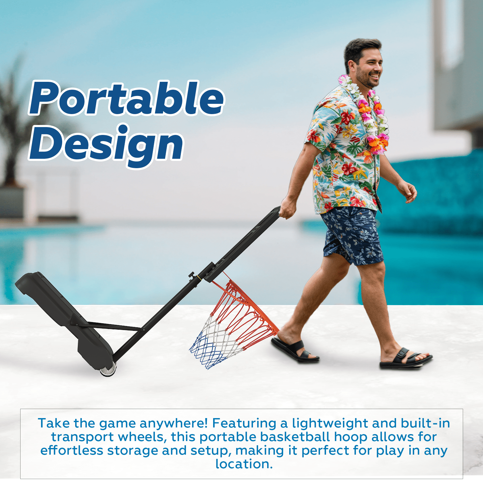 Pool Basketball Hoop, Height Adjustable 3.9" to 6.9", Black Steel Frame, Water Base, Includes Air Pump, 8-Inch Rubber Ball, Indoor & Outdoor Use