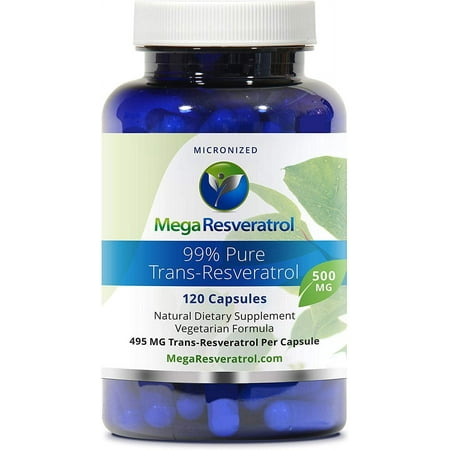 Mega Resveratrol, Pharmaceutical Grade, 99% Pure Isolate, Micronized Trans-Resveratrol, 120 Vegetarian Capsules, 500 mg per Capsule. Purity Certified. Absolutely no excipients aka Inactive...