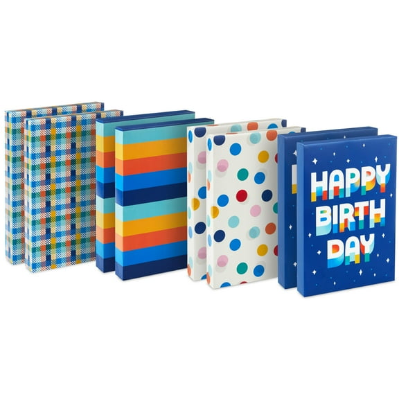 Hallmark Designed Shirt Boxes TSF6 with Lids (8 Boxes: 2 Each of Orange and Blue Stripes, Plaid, Dots, Happy Birthday) for Birthdays, Father's Day, Graduations