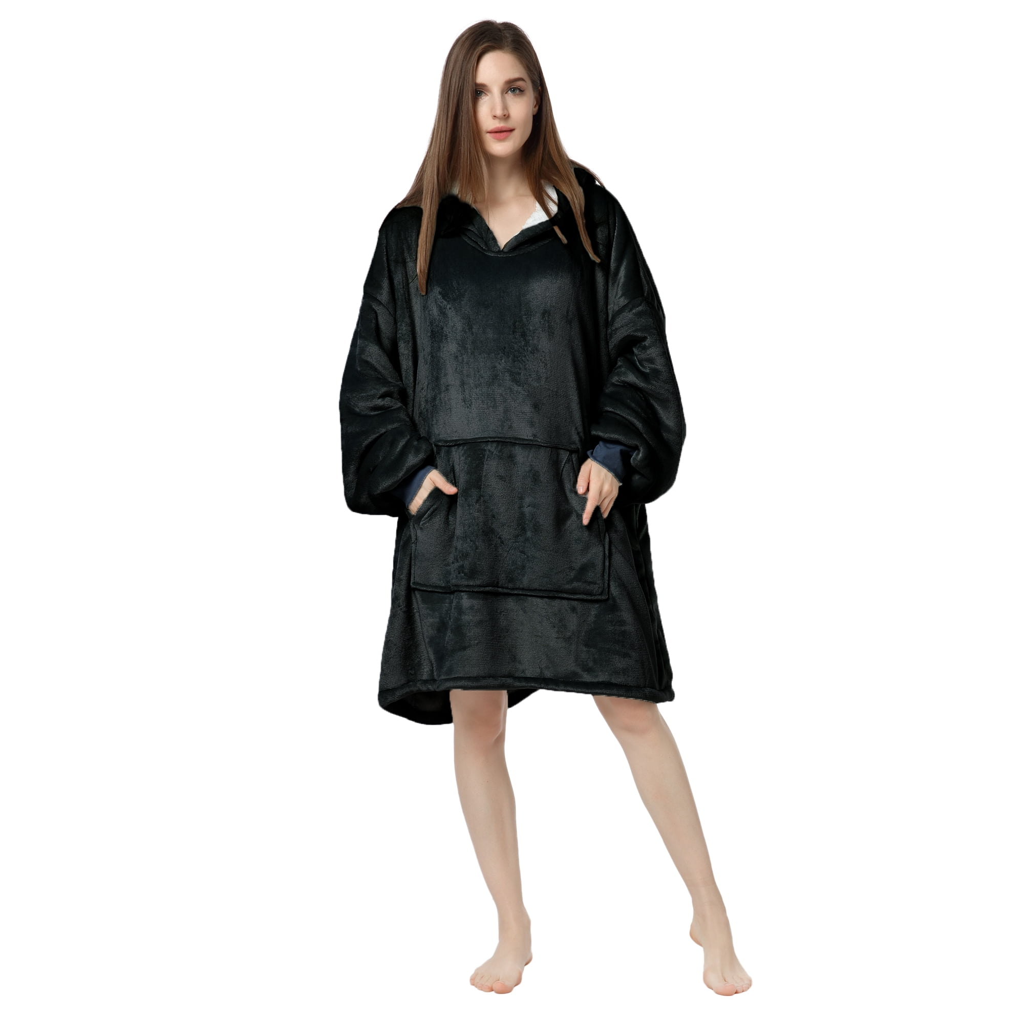 Wearable Blanket Hoodie, Oversized Sherpa Fleece Sweatshirt Blanket with Giant Hood Pocket and Sleeves for Adult, Warm & Cozy Grey Blanket