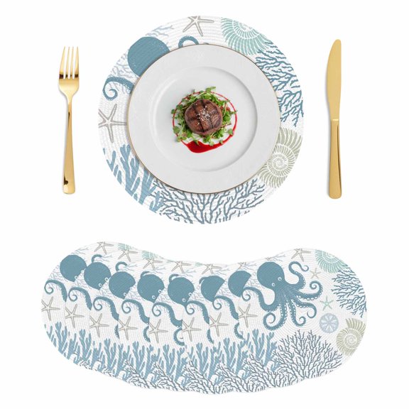 Blue Octopus Coastal Round 13 Inch Placemats Set of 8, Summer Beach Nautical Coral HeatResistant Non Slip Place Mats for Dining Table, Wipeable Braided Kitchen Table Mats for Housewarming