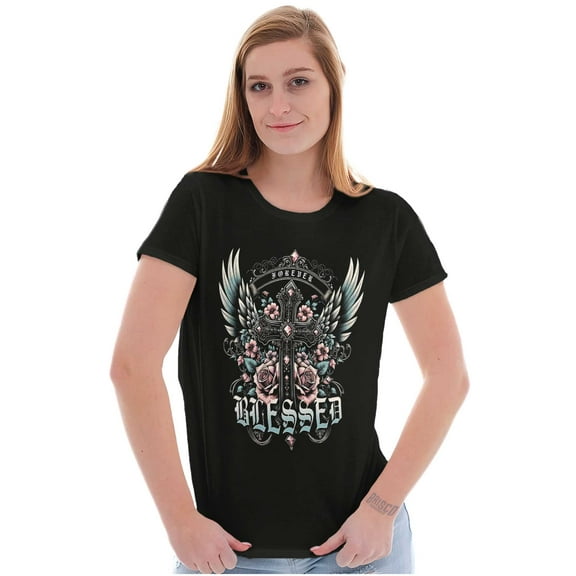 Goth Forever Blessed Floral Cross Womens Slim Fit Graphic Tee Brisco Brands S