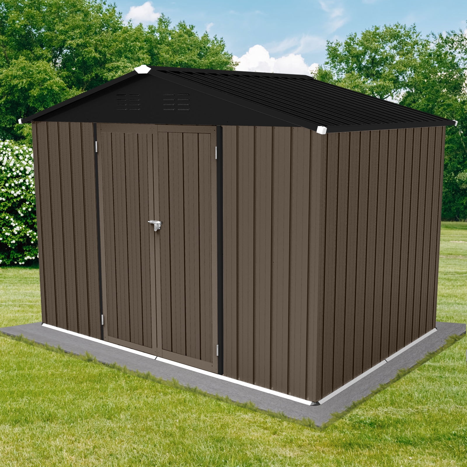 Alvantor Outdoor Storage Shed Metal Garden Shed with Apex Roof & Hinged Door,Brown + Black,8x6 FT