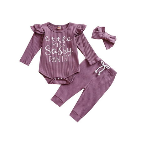 

Niceyoeuk Baby Girls Ribbed Set Letter Print Ruffled Romper Trousers Hair Band