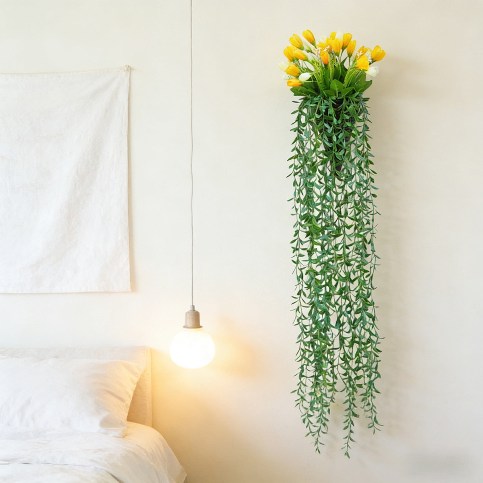 Votnto 9.84×39.37IN Artificial Tulip Hanging Planter, Faux Green Weeping Vine with Tulip Blooms for Wedding Wall Home Decor
