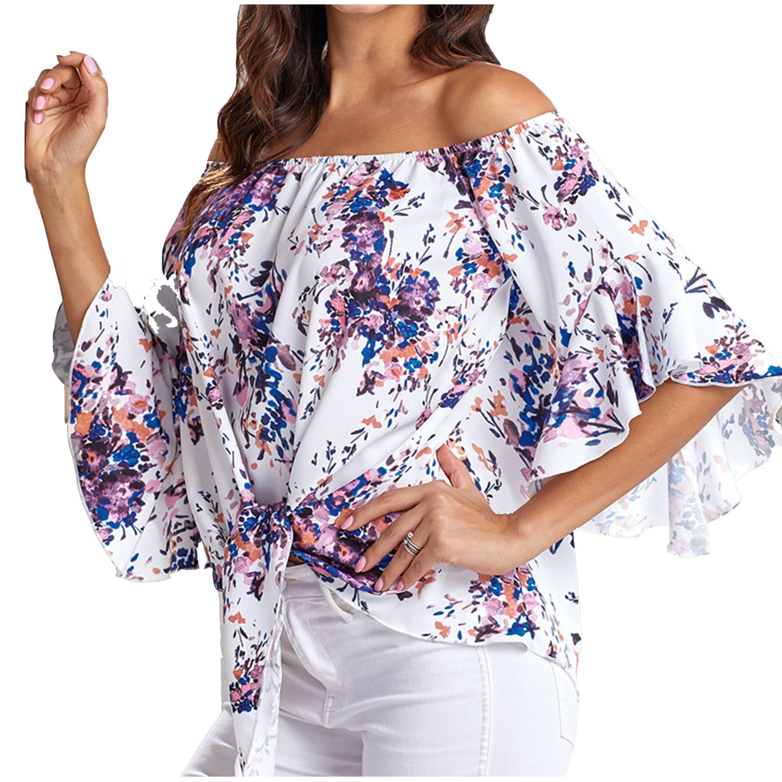 Summer Savings Clearance Womens Tops Off Shoulder Tops 3/4 Flare Sleeve ...