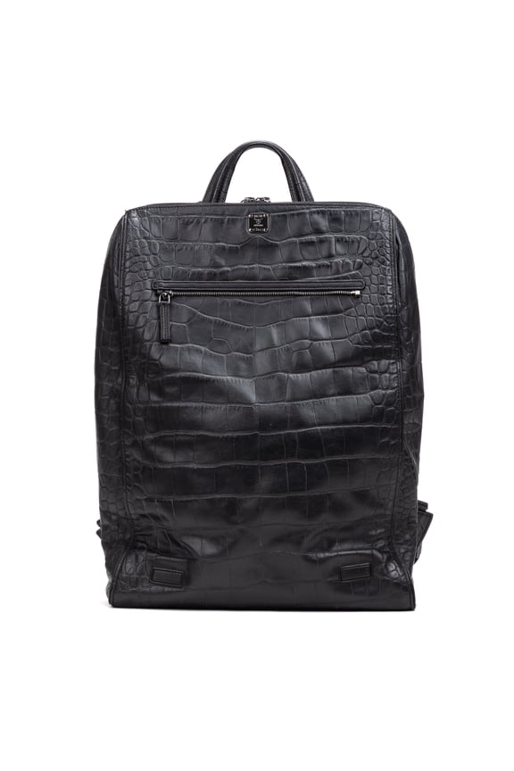 Pre-Owned MCM Black Large Zip Around Backpack Backpack Croc Embossed Leather