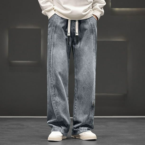 Pantalones vaqueros de longitud completa para hombre, de moda, casuales, de color sólido, con cordón, de pierna recta, pantalones para hombre