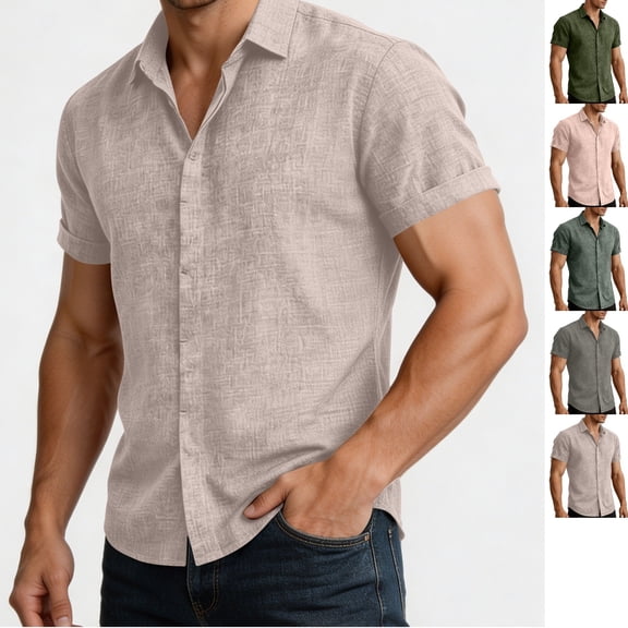 LEKWK Linen Tops for Men Collared Button Down Shirts Lightweight Short Sleeve Rolled Cuff Slim Fit Casual Tees Athletic Work Office Daily Outfits Mint Green S