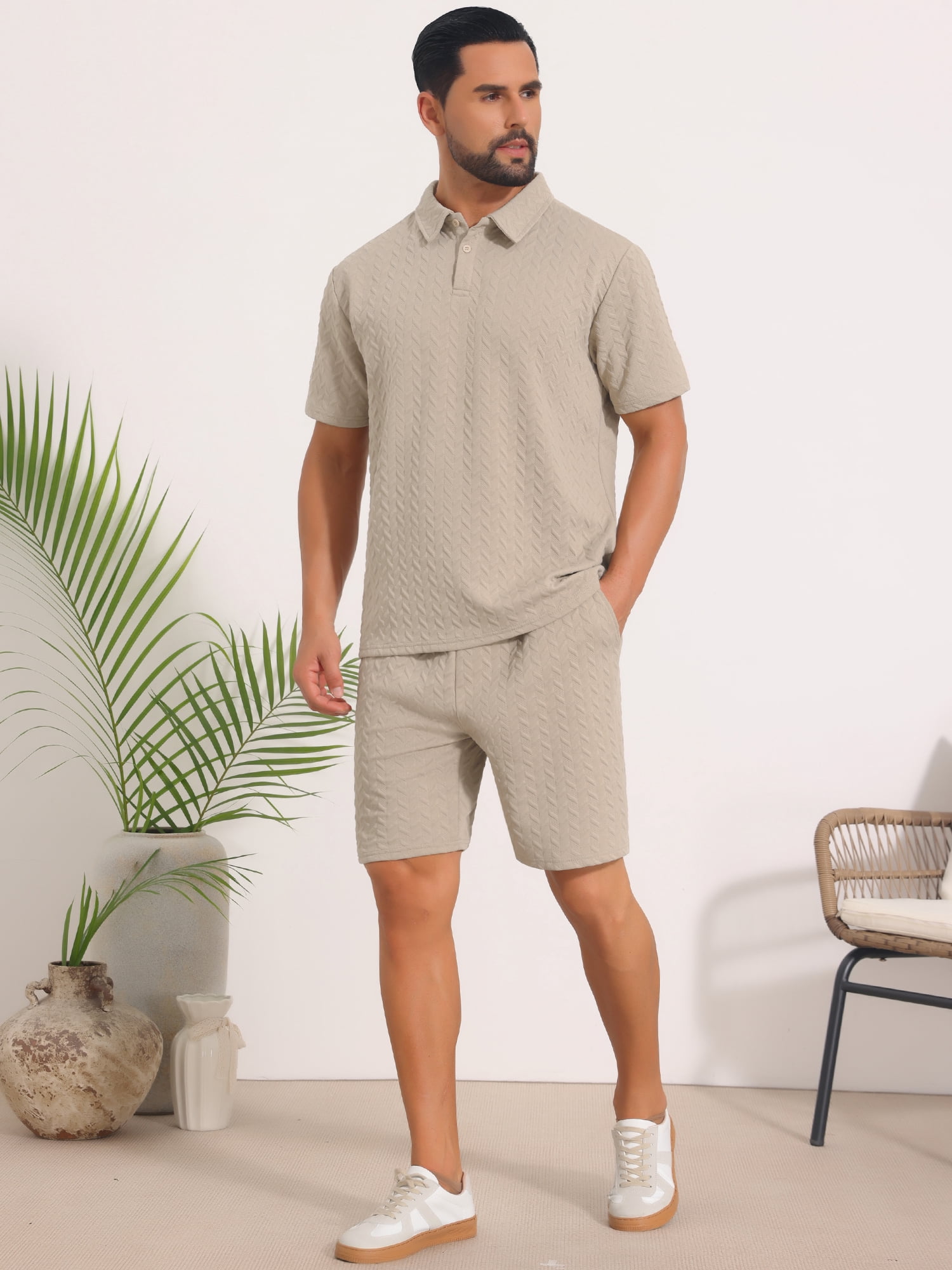DARING DIVA Men's 2 Pieces Jacquard Polo Shirt & Drawstring Shorts Outfits L Beige