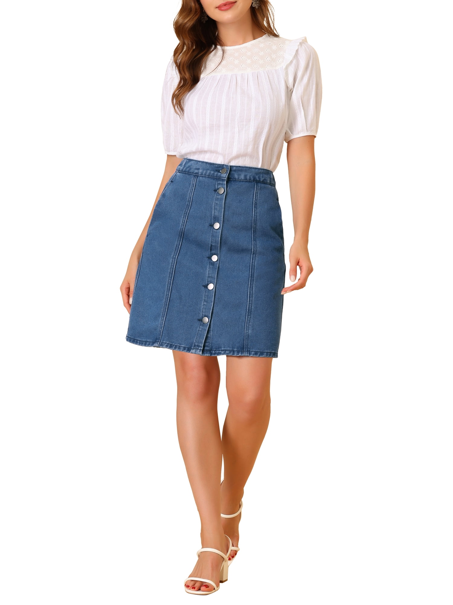 DARING DIVA Women's A-line Button Front Denim Short Skirt L Blue