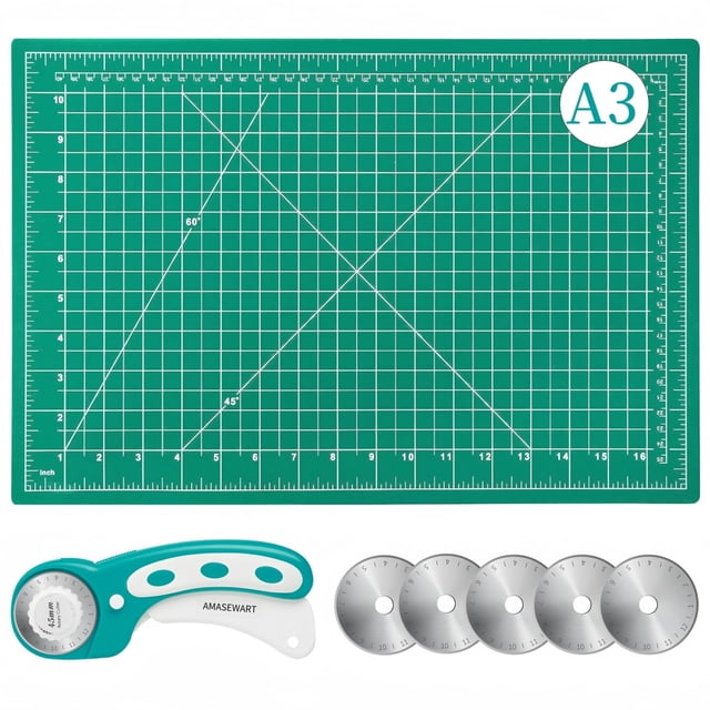 AMASEWART Ensemble de Coupe-Tissu Rotatif de 45 mm et Tapis, Roue de Coupe-Tissu et Tapis de Couture Auto-Cicatrisant de 12 X 18 Pouces, Coupe-Tissu Rotatif avec 5 Pcs B Rotatif