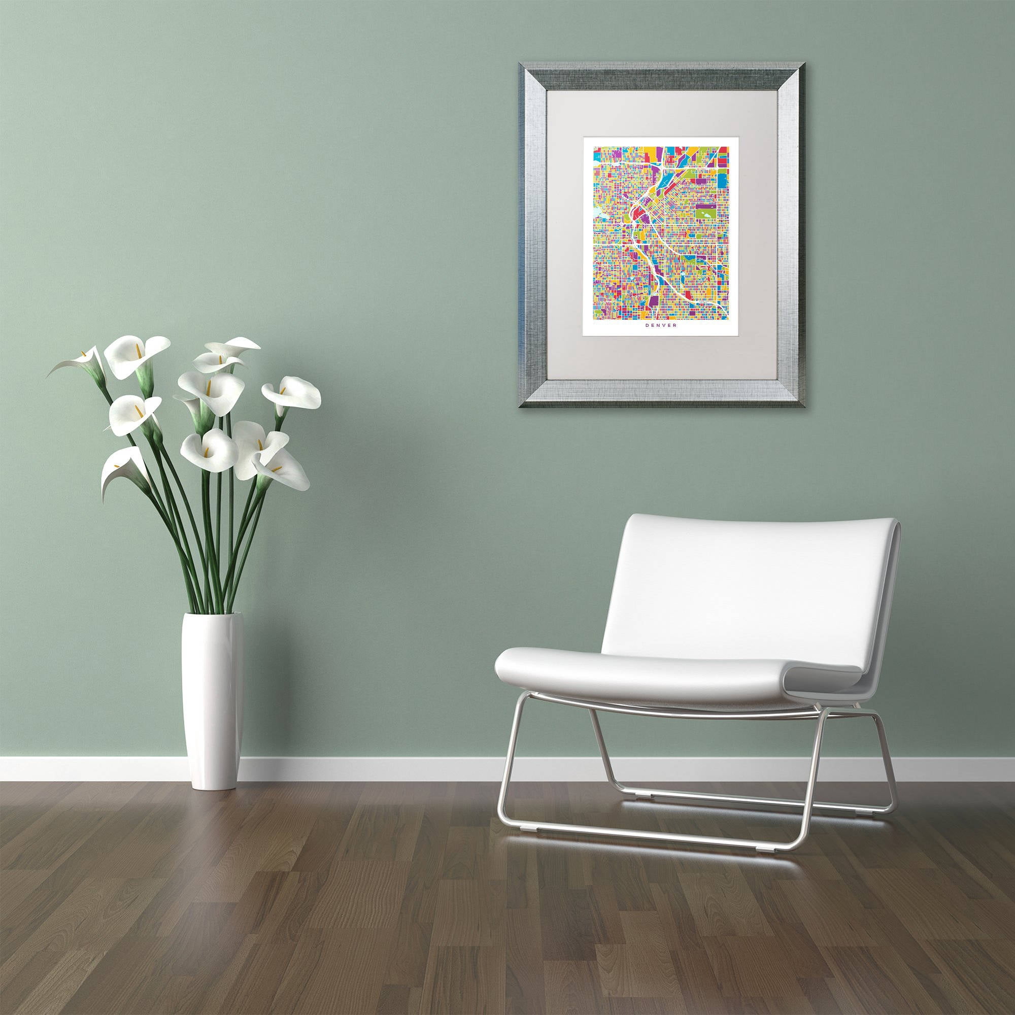 Trademark Fine Art "Denver Colorado Street Map 2" Canvas Art by Michael Tompsett, White Matte, Silver Frame
