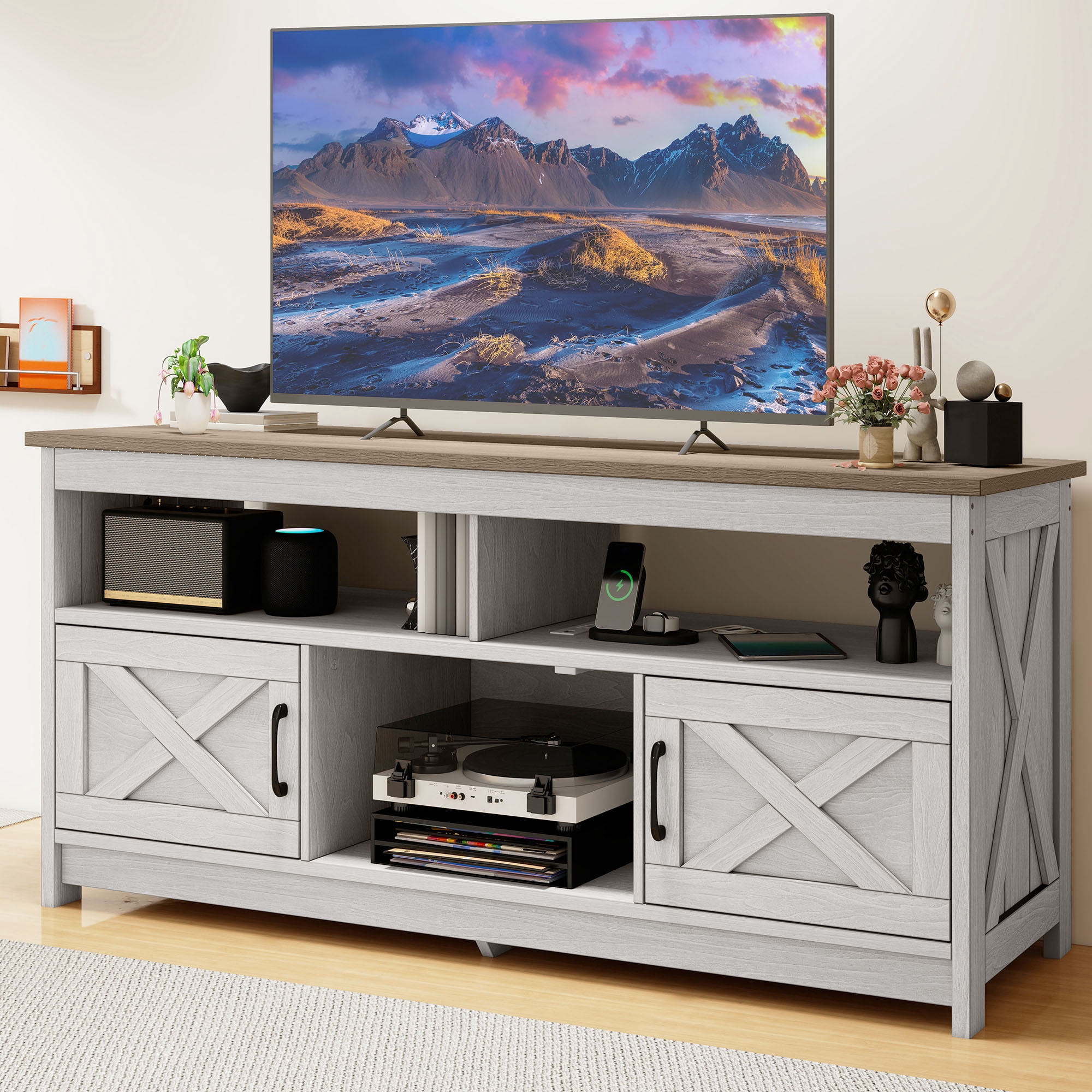 Uforic 59 Inch Rustic TV Cabinet Fits 55/65 Inch TVs, with Side X-Brace Decor, Built-in Charging Station & Partitioned Open Storage Shelves, Home Living Room, Beige + White