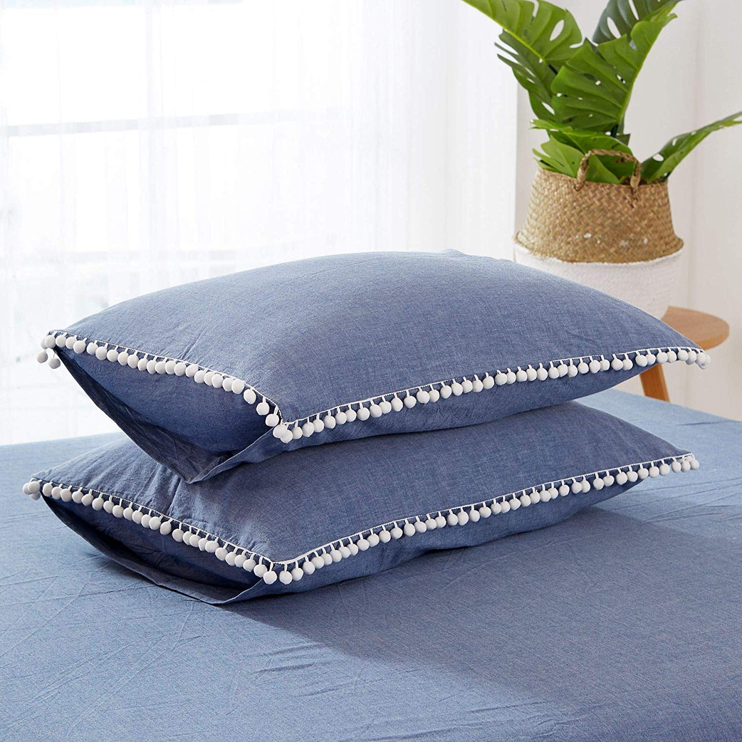 MarCielo Cotton Duvet Cover Set 3 Piece 100% Washed Cotton Duvet Cover 1 Duvet Cover + 2 Pillowcases Pompom (Blue, King(104x90))
