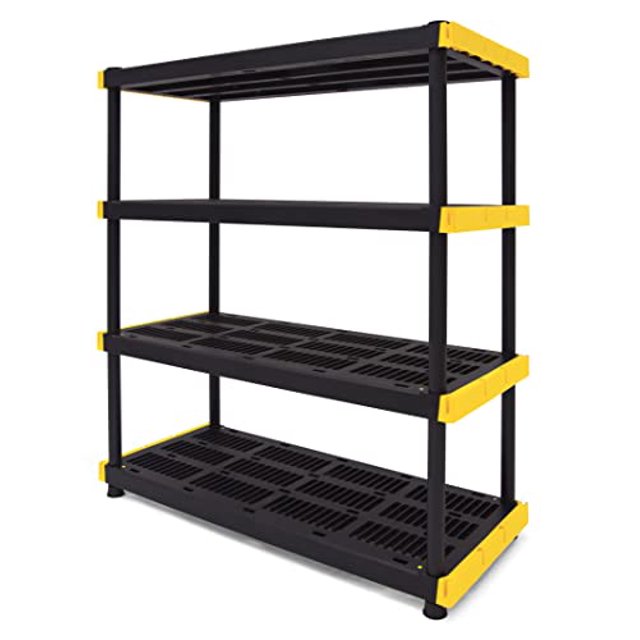 Unité d'Étagères de Rangement à 4 Niveaux Noire et Jaune Originale, Intérieur/extérieur, Unité d'Étagères de Rangement Robuste (55â€H x 48â€L x 20â€P)