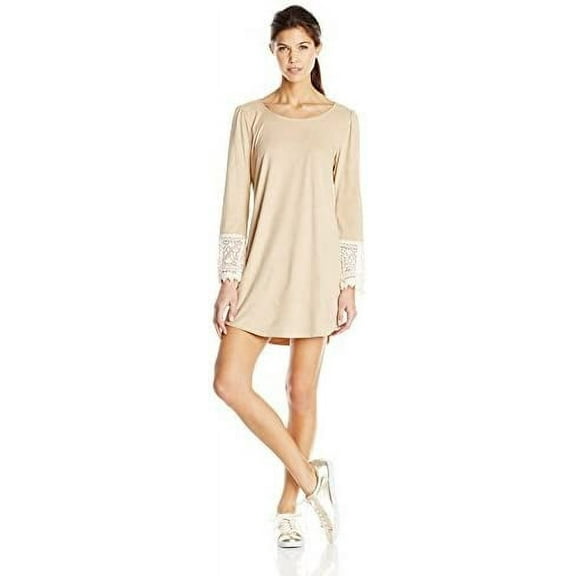 Trixxi Juniors Suede Dress Crochet Sleeve Trim, Stone Beige, large