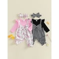 thumbnail image 3 of BemeyourBBs Infant Baby Girl Clothes Spring Fall Winter Romper Outfit Bow Houndstooth Printed Long Sleeve Round Neck Bow Front Fake Two-Piece Patchwork Jumpsuit, 3 of 9