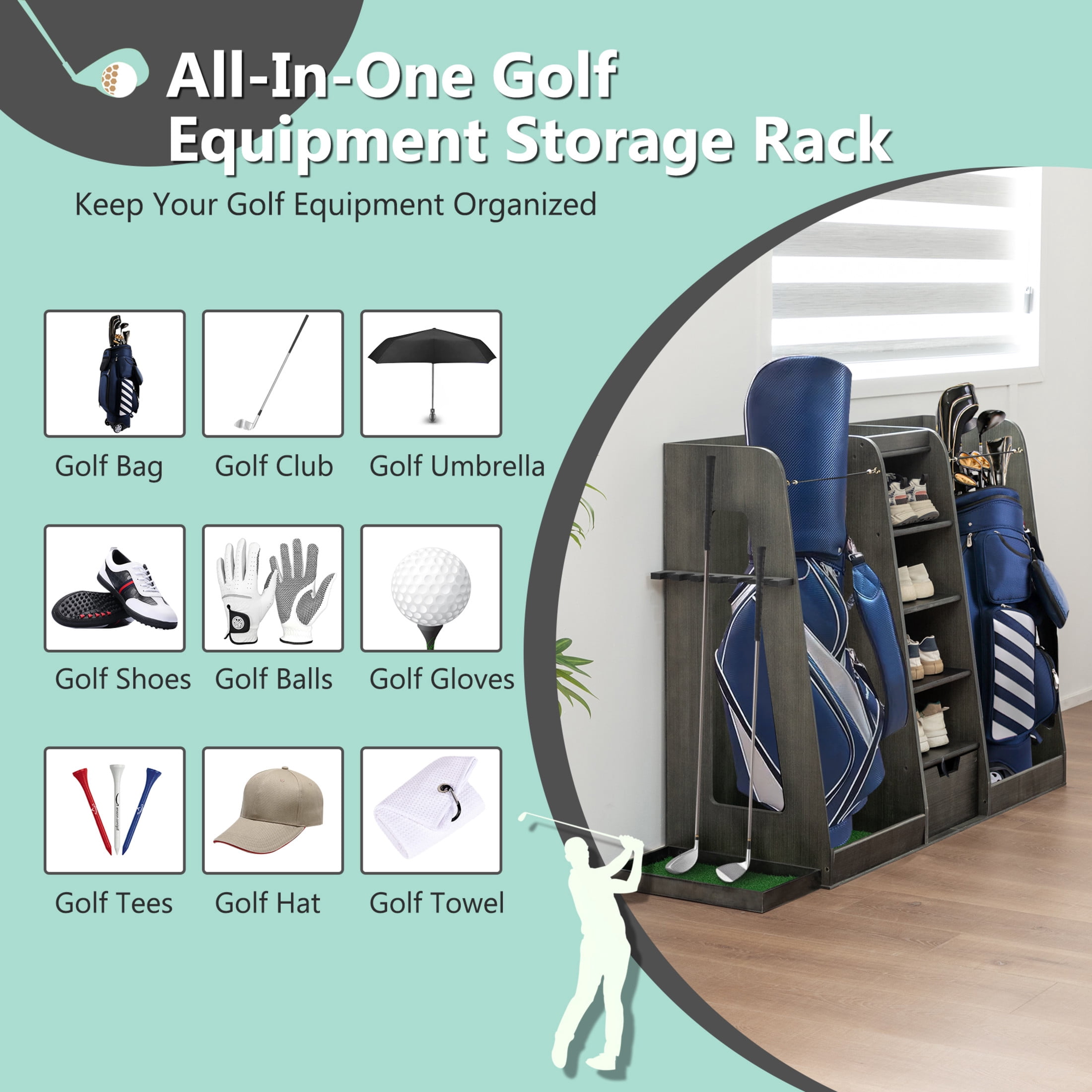 Noble House 55" Wooden Golf Bag Organizer with Storage Drawer, Shoe Rack and Club Side Holder, Gray