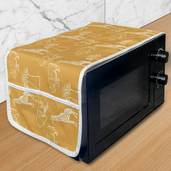 Orange and White Microwave Oven Cover, White Silhouettes of Savannah Mammals and Trees Repetitive Pattern, Water Resistant Organizer with Pockets Kitchen, 36" x 12", Dark Orange White, by Ambesonne