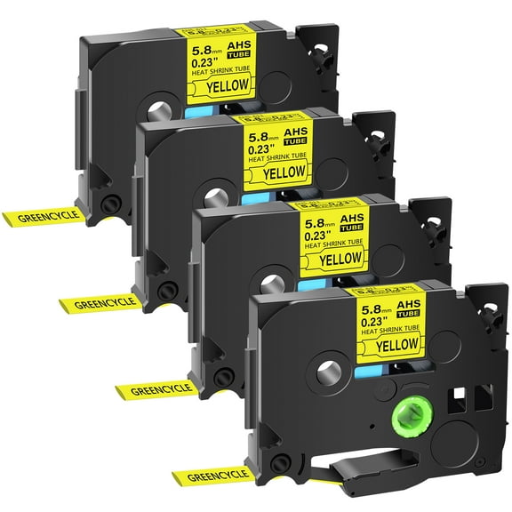 GREENCYCLE 4PK Compatible for Brother P-touch HSE-611 HS-611 HSe611 HS611 5.8mm 0.23" Black on Yellow Heat-shrink Label Tape