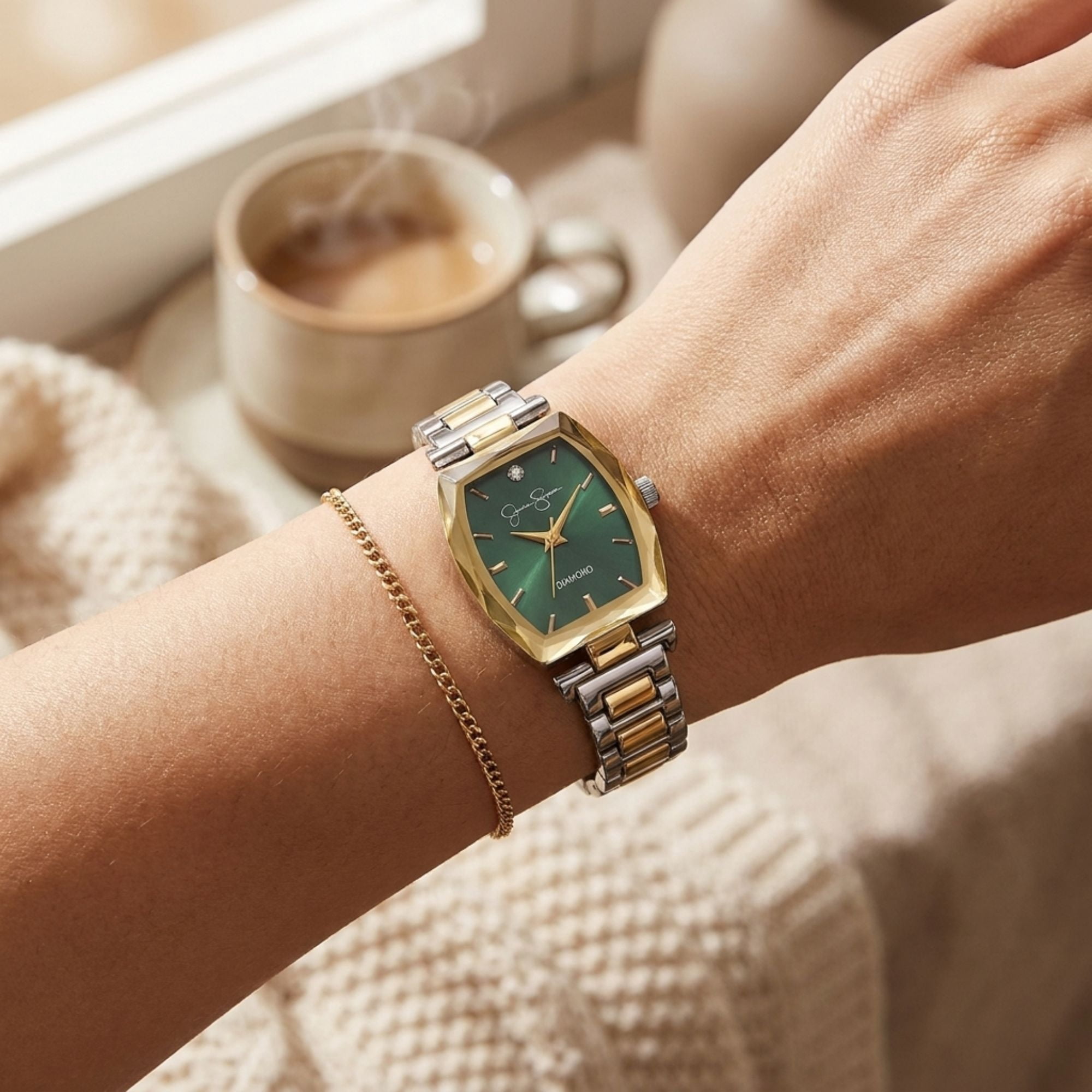 Jessica Simpson Women’s Two Tone Gold Bracelet Watch, Barrel Dial with Crystal Accents, Analog Quartz Dress Watch, 24mm Case