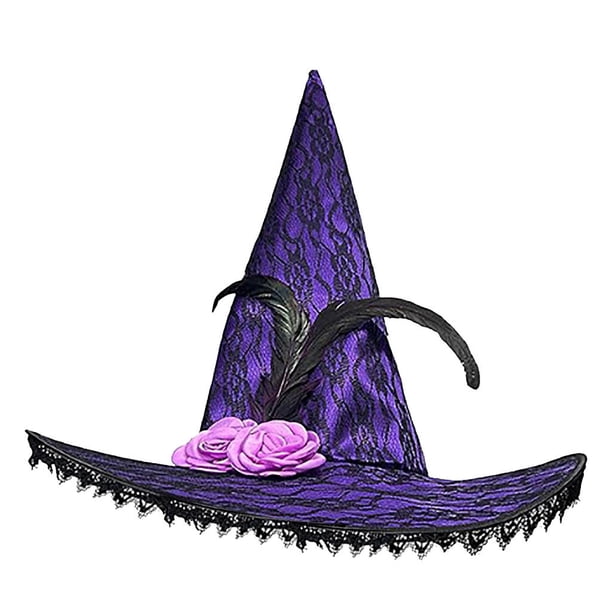 Sombreros de Halloween para mujer, de encaje morado, con encaje compuesto, sombrero de bruja, de fiesta, con plumas de rosa morada, sombrero de tela para mujer.