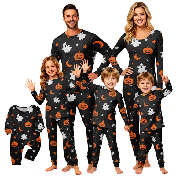 Halloween Family Pajamas Set with Moon Star Print, Breathable Long Sleeve Matching Halloween Pajamas for Whole Family, Classic Family Halloween Pajama Set Sleepwear