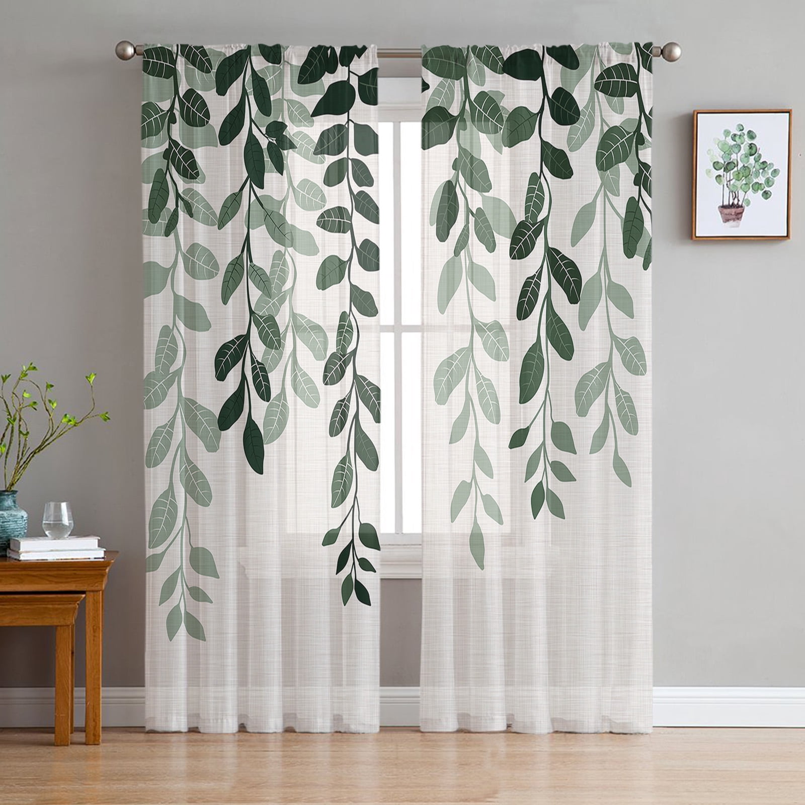 Sheer Curtains 72 inches Long, Plants Gradient Green Leaves Farmhouse Style Linen Texture Light Filtering Sheer Window Curtains Rod Pocket Voile Drapes for Bedroom Living Room, 52"W x 72"L 2 Panels