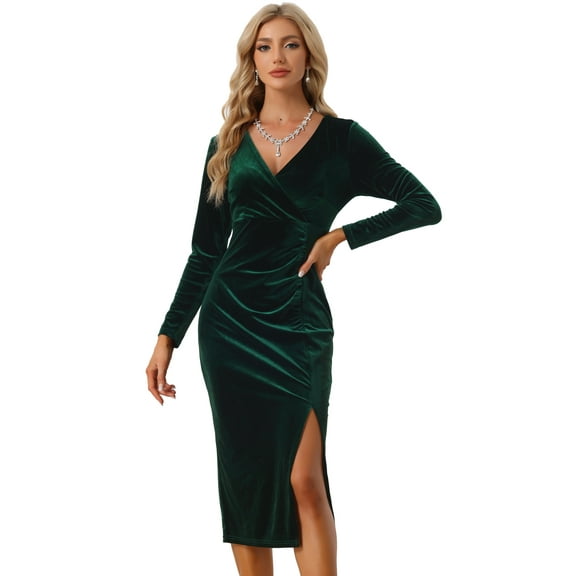 DARING DIVA Long Sleeves V Neck Wrap Ruched Split Cocktail Evening Dress
XS Dark Green