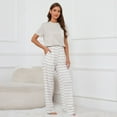 thumbnail image 4 of Defitshape Women's 2 Piece Plus Size Pajama Set Striped Summer Short Sleeve Shirt Long Pants Pockets Set Soft Lightweight Drawstring Lounge Set with Pockets Grey Medium, 4 of 4