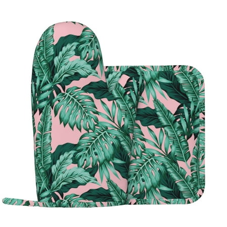 

palm leaves_J Oven Mitts and Pot Holders Sets with 1 Non-Slip Left Silicone Oven Mitts and 1 Heatproof Insulated Hot Pads for Kitchen Use in Cooking Baking Grilling
